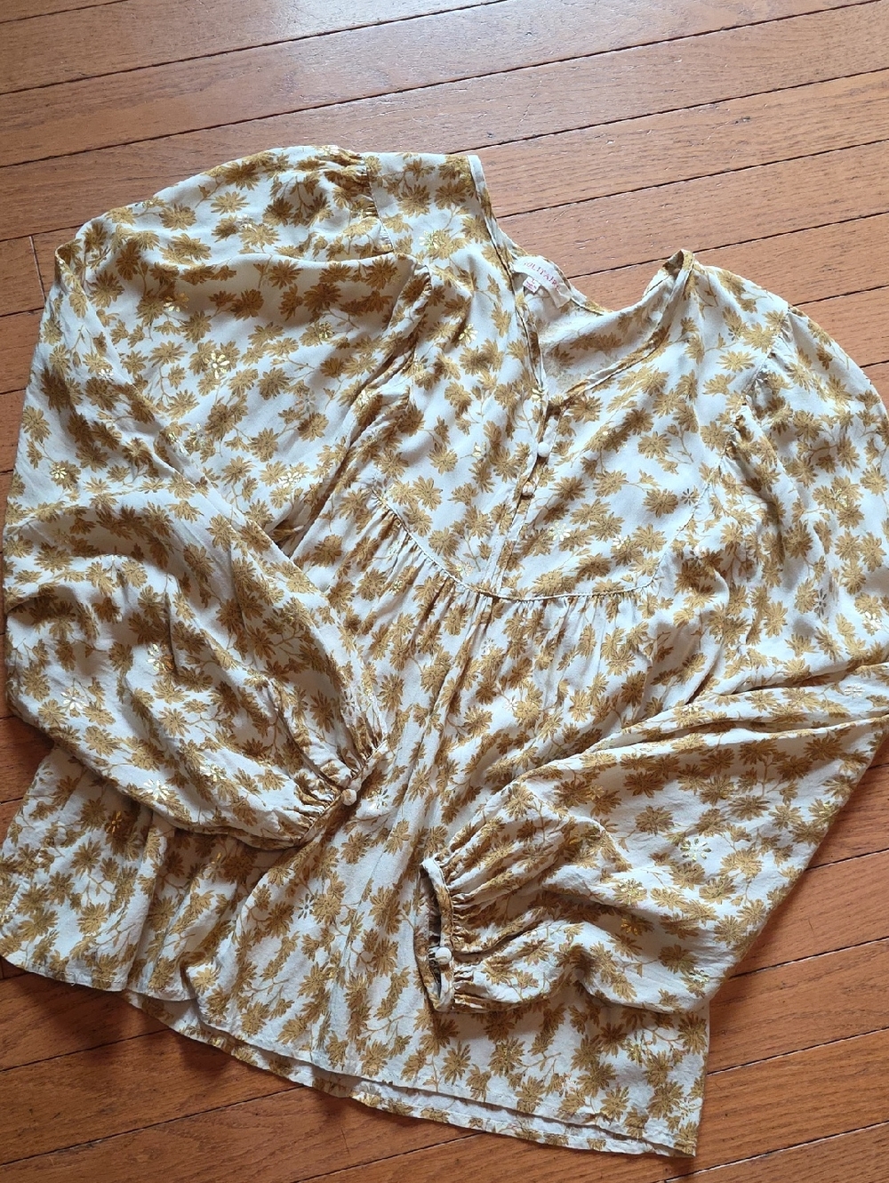 Solitaire Boho Cream Lantern Sleeve Blouse with Gold Floral Foil Print